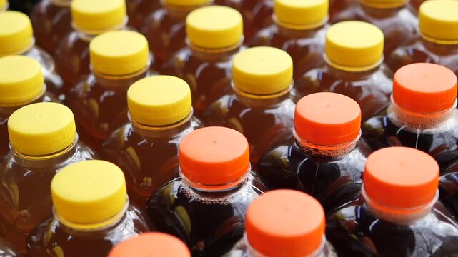 Viewing bottles with yellow and orange caps in a market