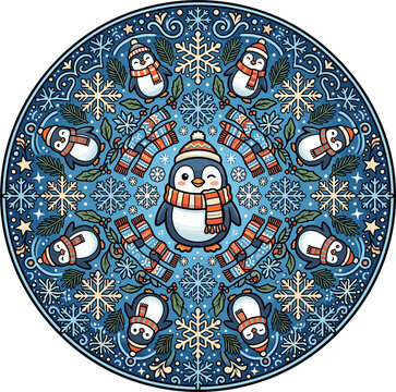 Cute winter penguin mandala with snowflakes, holly leaves, and striped scarves, pixel art style, festive and whimsical