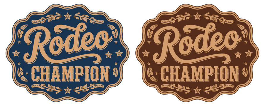 Rodeo champion cowboy belt buckle emblem featuring bull rider medal ornate typographic design for Western branding, sports awards, apparel graphics