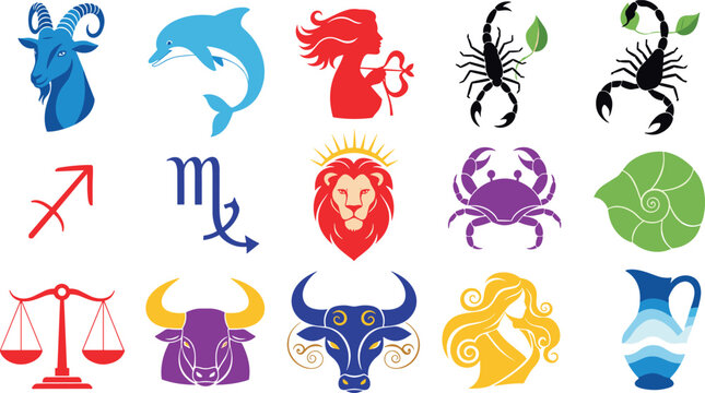 Colorful Zodiac Signs Collection with Astrology Symbols Animals and Horoscope Icons Set Isolated on White Background for Spiritual and Celestial Design