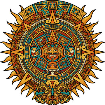 Aztec sun mandala, ancient calendar, detailed cultural symbol, tribal pattern, indigenous art, vibrant colors, circular design