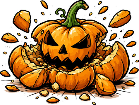 Halloween jack-o-lantern smashed with carved spooky face, orange pumpkin pieces scattering outward, celebrating autumn holiday, spooky celebration