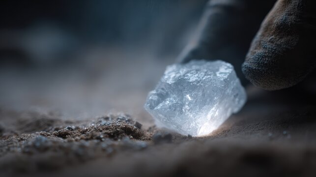 Miner discovering diamond inside cave, diamond mining and raw luxury material concept