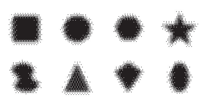 Set of black geometric shapes with pixelated halftone fading effect