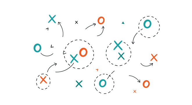 Abstract game strategy diagram uses dashed paths and colorful symbols to map out tactical movements and decision making processes.