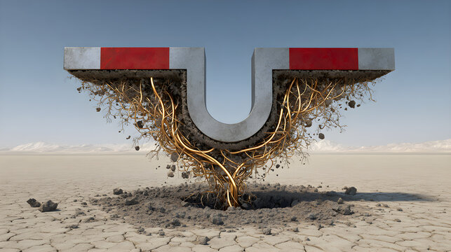 Colossal u shaped magnet pulls dirt and rocks in arid desert landscape with cracked earth and clear blue sky