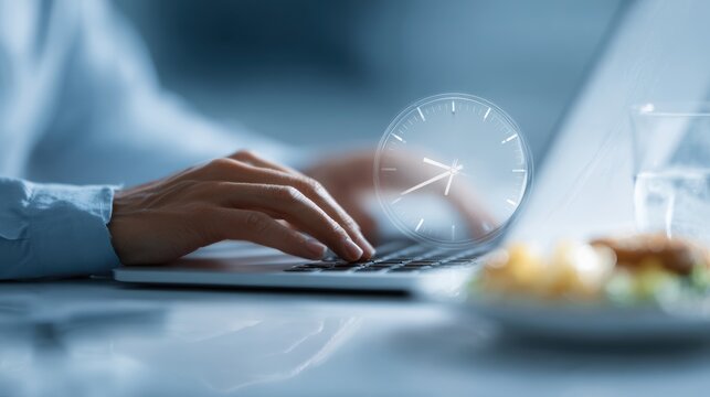 business working time concept with person typing on laptop and clock overlay, office schedule and lunch break theme