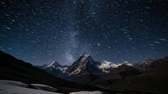 Night sky over majestic mountains and sparkling stars in dark space