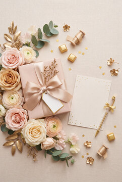 Romantic blush gift box with satin bow surrounded by roses eucalyptus and gold accents for wedding favor wrapping inspiration and invitation background styling