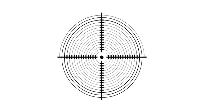 Circular radar scope or target sight drawing features concentric rings and crosshairs for tracking or precision measurement themes.