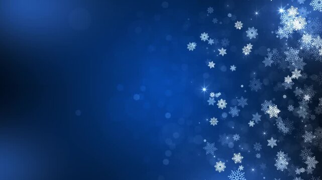 Blue snowflake winter background with white flakes, soft bokeh lights, right side frost pattern, and clean copy space. Christmas videos, holiday greetings, seasonal promos, and festive overlays.