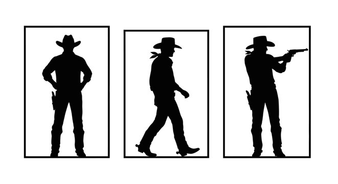 Silhouette trio of a cowboy in action standing with hands on hips, walking with confidence, and aiming a gun, all depicted in a stark, bold, minimalist style within rectangular frames, class