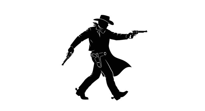 Silhouette of a Cowboy in Action A dynamic monochrome depiction of a determined gunslinger walking forward, engaging in a classic Wild West duel with revolvers drawn, isolated on a stark whi