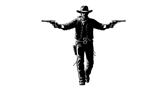 Gunslinger Cowboy Illustration Holding Two Revolvers Stencil Art