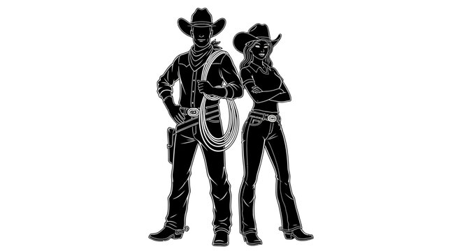 Silhouette depiction of a confident cowboy and cowgirl, side by side, posing with a lasso. Bold graphic design with sharp lines and contrast, evoking the spirit of the American West in a sty