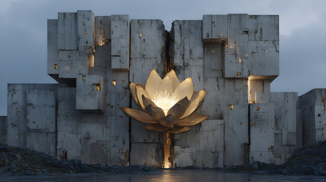 Brutalist concrete cube cracked open with glowing golden lotus flower inside symbolizing hope and resilience in a dark environment