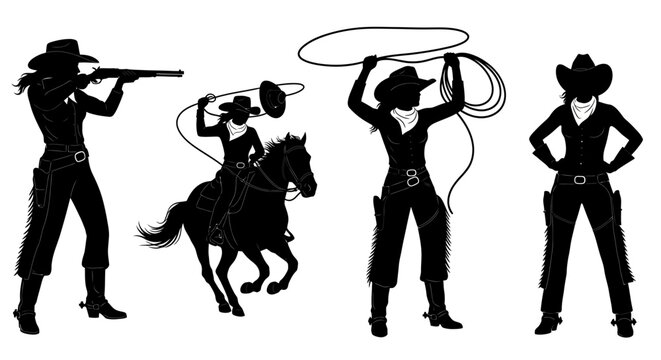 Silhouette collection of a strong, independent cowgirl  Depicting a woman with a rifle, riding a horse, and using a lasso with a classic western style in a white isolated landscape concept.