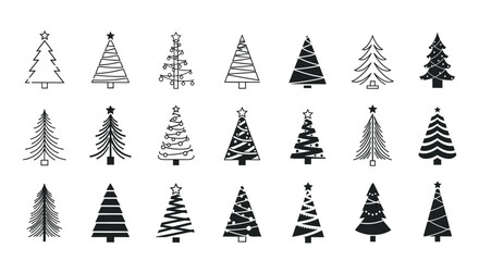 Obraz premium Extensive collection of minimalist Christmas tree icons and silhouettes featuring various graphic styles and decorations.