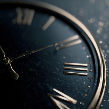 vintage roman numeral clock striking midnight with golden bokeh sparkle, elegant new year countdown celebration closeup