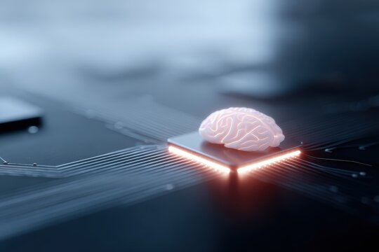 advanced artificial intelligence brain chip floating above circuit board with glowing neural pathways
