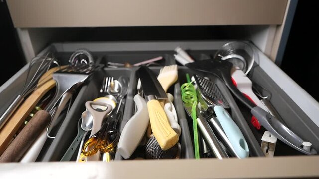 Kitchen drawer is full of tools and utensils