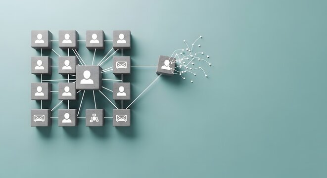 Digital network concept showing interconnected human icons with one central figure connected to a spreading data cloud.