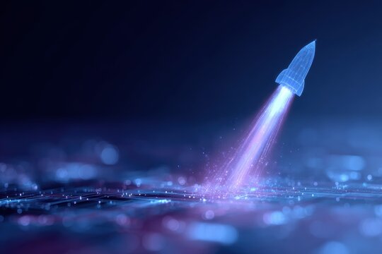 holographic rocket launch concept above digital workspace representing startup innovation and entrepreneurial growth