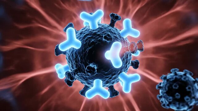 Animation depicts immune cells and antibodies targeting pathogens in vibrant human bloodstream. Dynamic visual representation of biological processes. Concept for healthcare, biotechnology, education