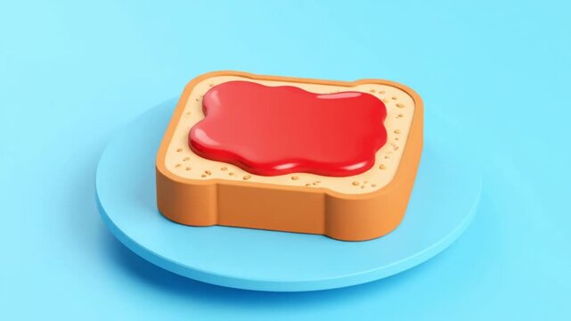 3D Rendered Cartoon Toast with Red Jam Rotating on Blue Platform