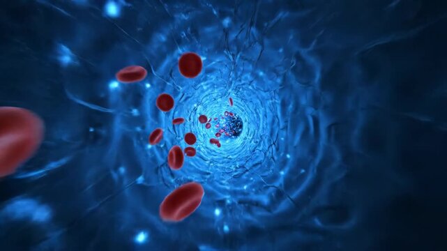 Red blood cells move dynamically through a glowing blue tunnel. This captivating visual represents circulation within a human body. Concept of healthcare, medical education, biological research