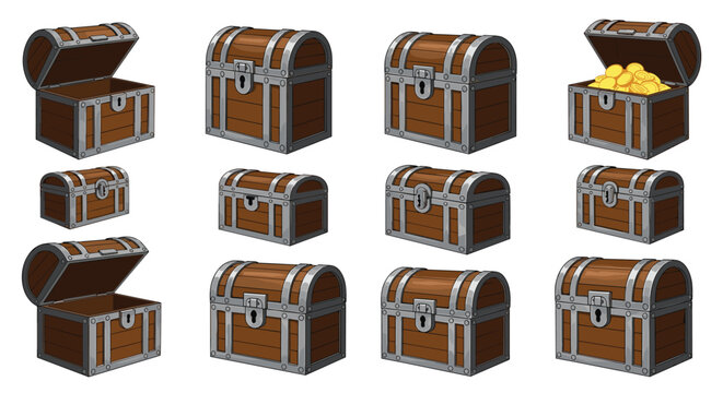 Set of wooden treasure chests in different perspectives and states including closed open and filled with gold coins for game assets.