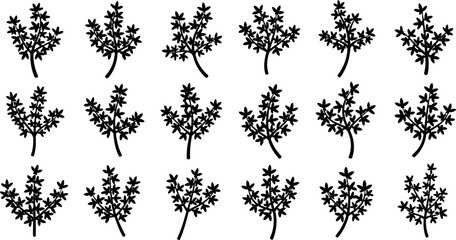 Black silhouette of branching plants with multiple leaves on white background © GR Graphics