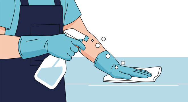 Close up of a person wearing blue gloves using a spray bottle and cloth to disinfect a surface for health and hygiene.