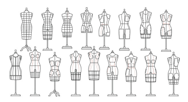 Set of dressmaker mannequin line drawings showing various body types and construction markings for fashion design and tailoring.