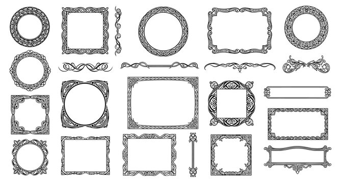 Collection of intricate vintage frames and borders in black and white with ornate floral and baroque decorative patterns for design.