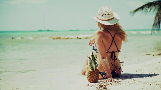 Tourist Enjoying Ocean View during Summer Vacation on Exotic Island. Relaxation by Turquoise Water