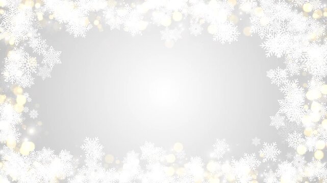 White snowflake holiday frame with soft grey center, glowing bokeh lights, and winter decorative border. Perfect for Christmas greetings, wedding cards, festive videos, and seasonal overlays.