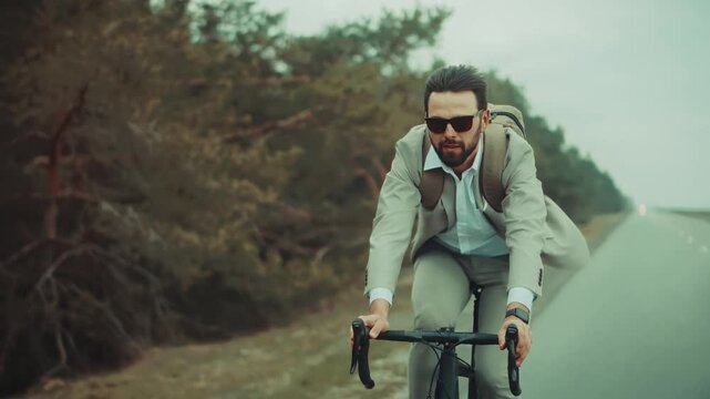Office Worker Cycling With Backpack On Asphalt Path.  Entrepreneur Commuting To Work By Bike. Morning Journey To Business Meeting