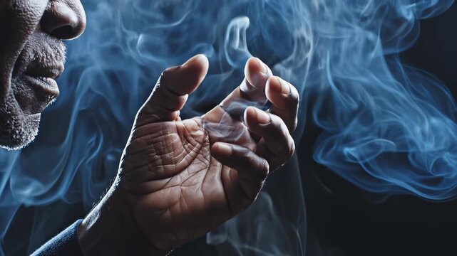 Hand with swirling smoke against dark background