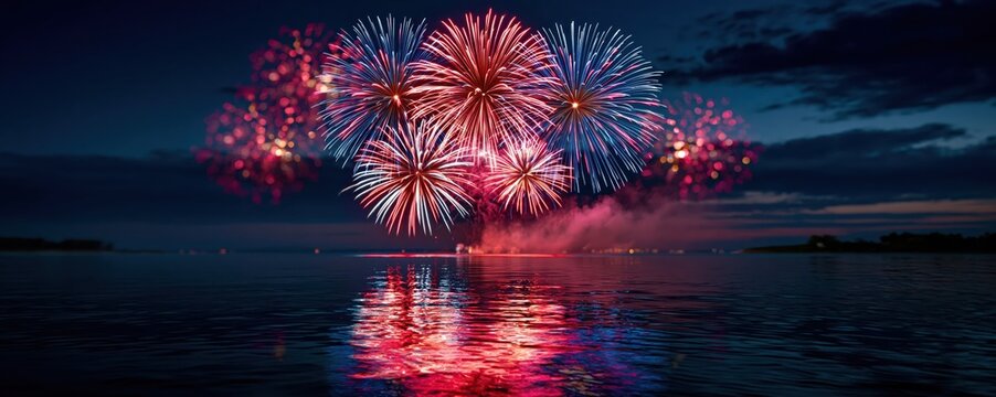 Vibrant red and blue fireworks exploding in the night sky over a calm lake with beautiful water reflections for 4th of July celebration.