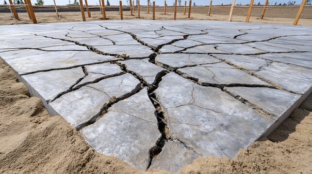 A large monolithic concrete foundation with deep structural cracks and fractures caused by soil settlement or poor quality material at a building site.