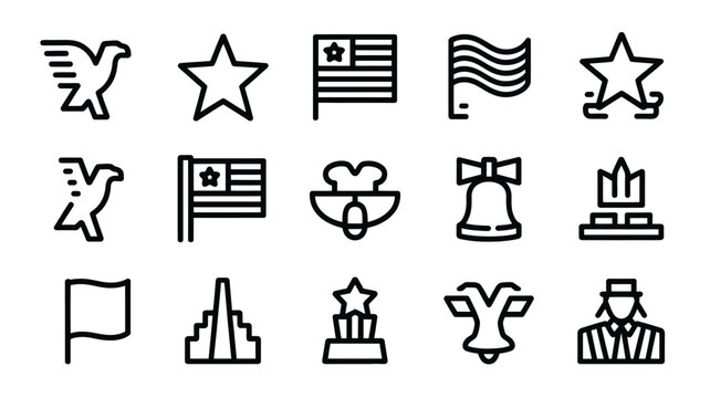 Collection of 15 minimalist national symbols and icons representing patriotism and american heritage including flags stars eagles monuments bells and historical figures presented