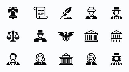 Collection of 15 minimalist constitutional and government icons featuring liberty bell scroll quill pen people silhouettes scales of justice eagle emblem and buildings © Soma