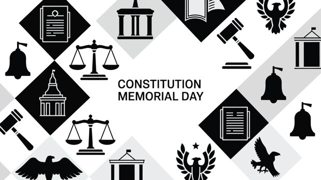 Vector graphic design celebrating constitution memorial day with iconic symbols of justice and law including scales gavels documents and eagles set against a geometric abstract