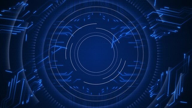 Blue circular HUD interface with glowing rings, circuit lines, hexagon texture, and futuristic dashboard style. for AI videos, cyber screens, data dashboards, software promos, and tech overlays.