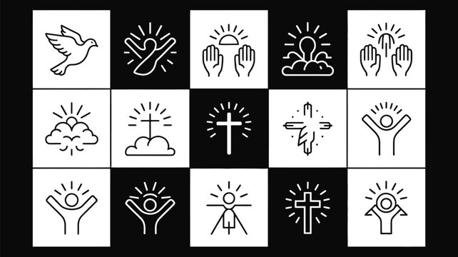 Collection of 15 minimalist line art icons representing faith spirituality and divine connection including doves crosses praying hands and figures reaching towards light set