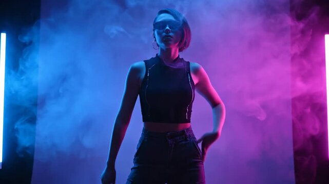 Woman in black crop top poses confidently while smoking surrounded by vibrant blue and pink smoke. Neon light accents create a dynamic atmosphere