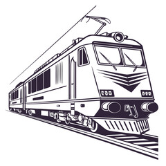 Modern electric locomotive pulling a train on tracks with line art locomotive transport electric transportation industrial passenger engineering industry technology movement carriage © Motu