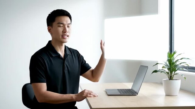 Man presenting content with a neutral expression while sitting at a tidy desk. Bright room with natural light enhances focus. Concept of business communication, education, marketing