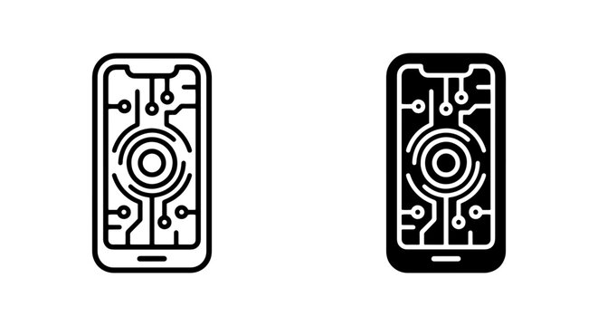 vector illustration of two smartphones with detailed electronic circuits on display screens and external parts such as